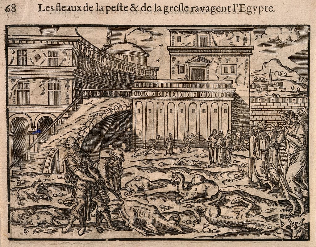 plague hail and thunder. Woodcut
