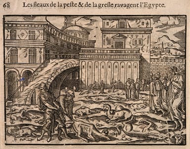 plague hail and thunder. Woodcut