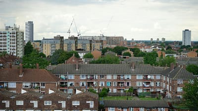 brown and white wall paint houses beside green trees near high rise building
