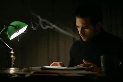 serious man reading book in dark room