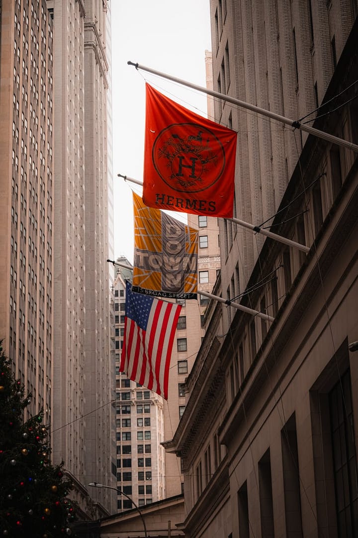urban scene with american and brand flags